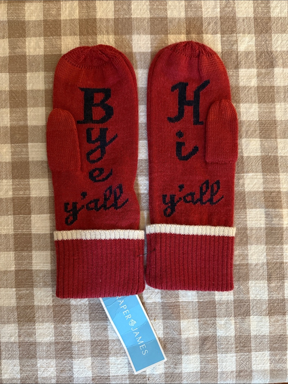 Draper James Red Knit Mittens with Black Script